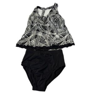 NWOT Swim 365 Women's Two-Piece Black Abstract Lines Halter Tankini Size 14W
